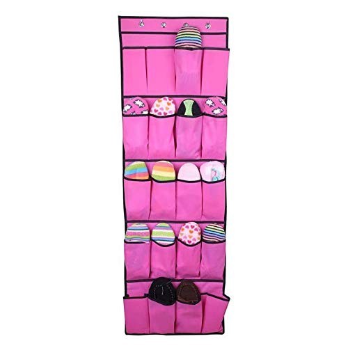 GoHooked pink 20-pocket over-the-door organizer made of non-woven fabric, holding hats and shoes.