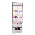 GoHooked 20-pocket over-the-door organizer in assorted colors with clear pockets holding socks and shoes.