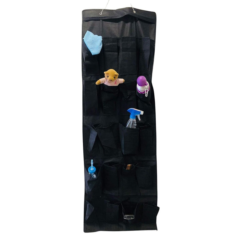 GoHooked black fabric 20-pocket over-the-door organizer with clear pockets, holding cleaning supplies, toys, and accessories.