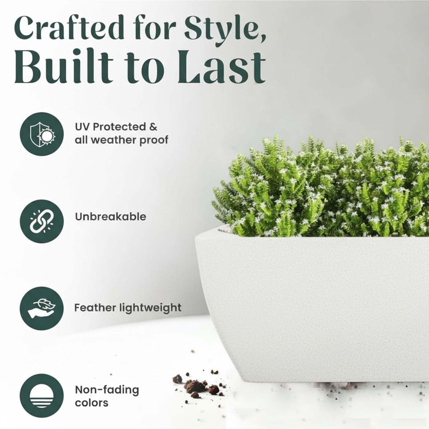 GoHooked 24-inch black rectangular planter pot made of heavy-duty, UV-resistant polymer with a smart drainage system.