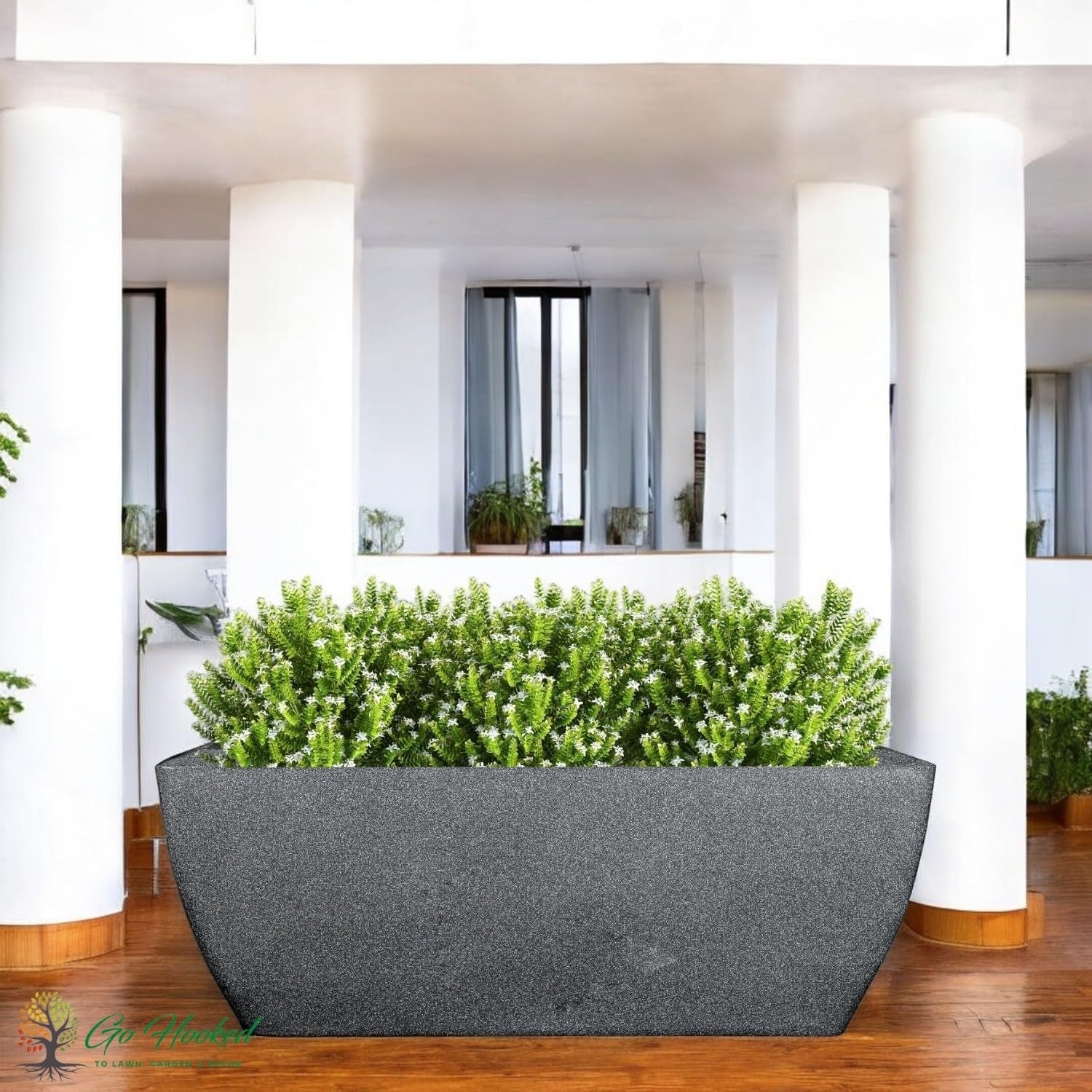 Go Hooked 24-inch black rectangular planter pot made of heavy-duty UV-resistant polymer with drainage hole.