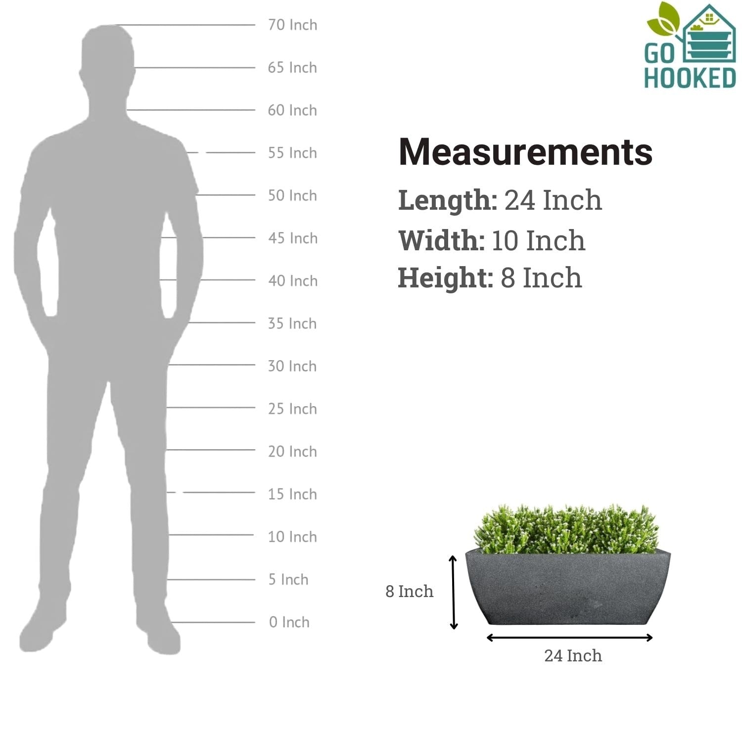 GoHooked 24-inch black rectangular polymer planter pot with drainage hole. Heavy-duty, UV-resistant for indoor/outdoor use.