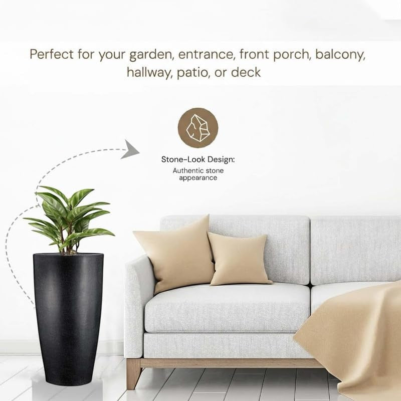 Go Hooked 24-inch tall black polymer planter with a stone-look design and drainage hole, perfect for indoor or outdoor use.