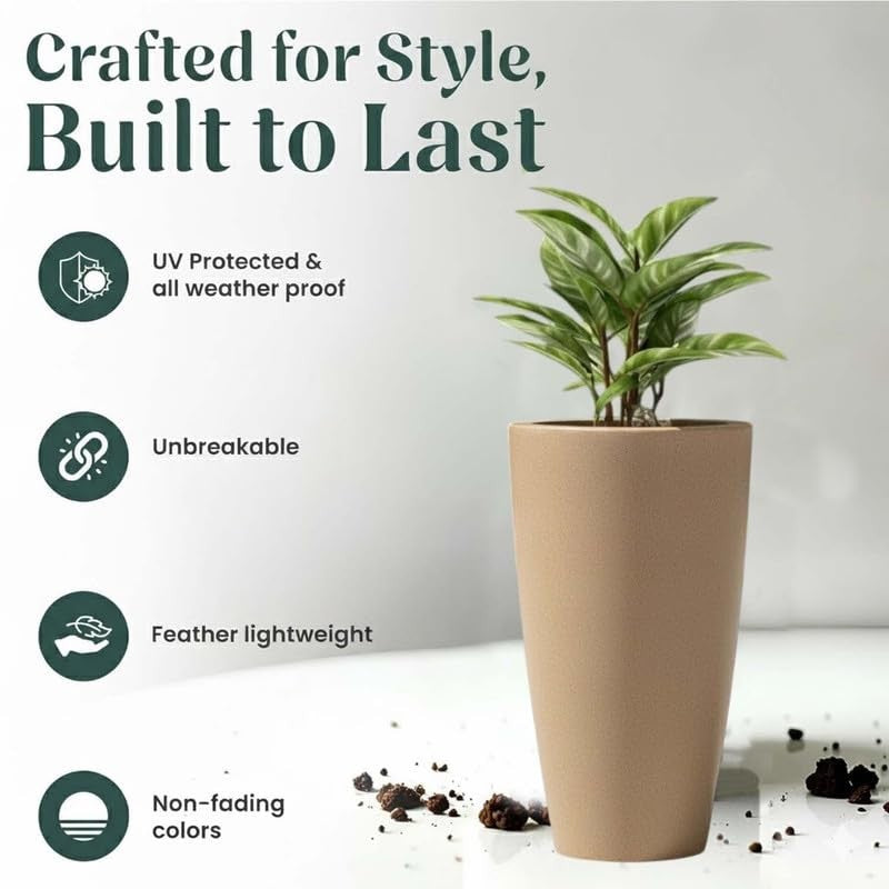 GoHooked 24-inch tall brown polymer planter pot with a sleek, modern design. UV & weather resistant.