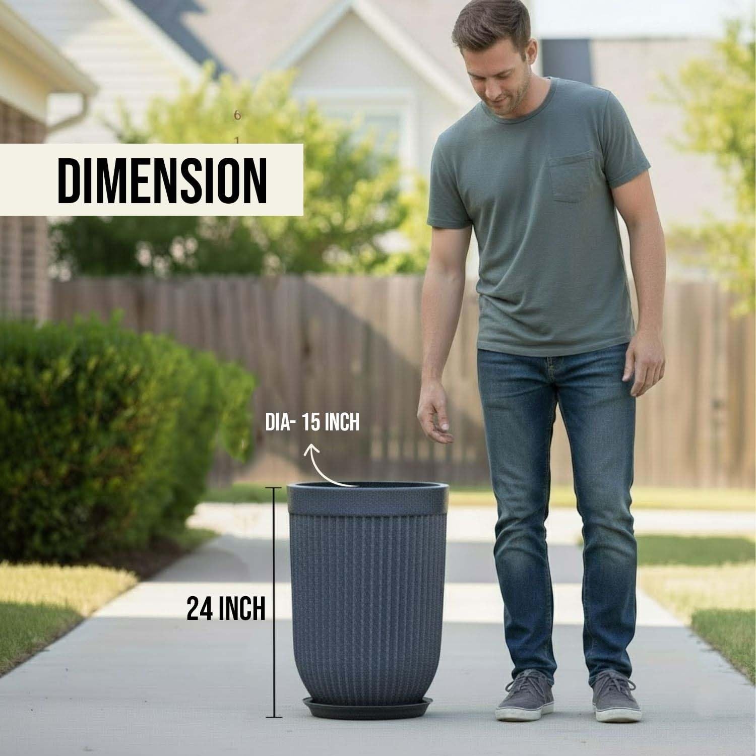 GoHooked 24 inch grey ribbed polymer planter with saucer, shown next to a man for scale.
