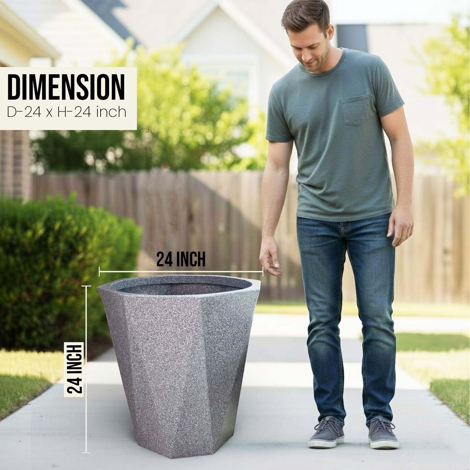 GoHooked 24-inch mosaic grey polymer planter with a diamond shape and textured finish. A man stands beside it for scale.