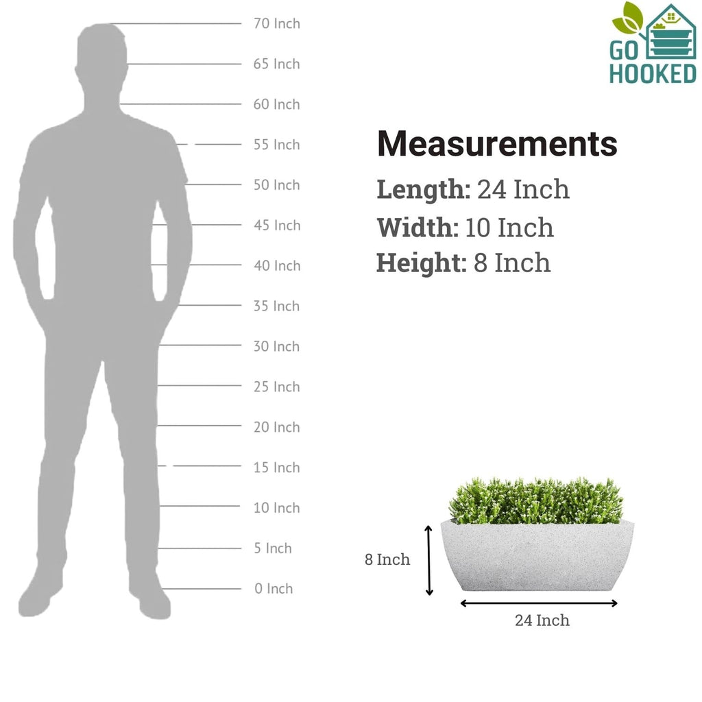 Go Hooked 24-inch white rectangular polymer planter pot with drainage hole for indoor/outdoor use.