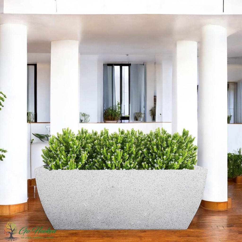 Go Hooked 24-inch white rectangular planter pot made of heavy-duty UV-resistant polymer with drainage hole.