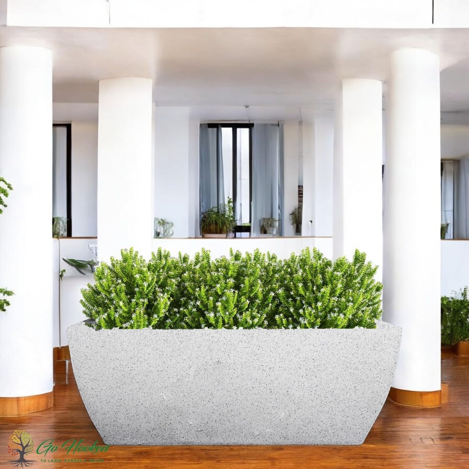 Go Hooked 24-inch white rectangular planter pot made of heavy-duty UV-resistant polymer with drainage hole.