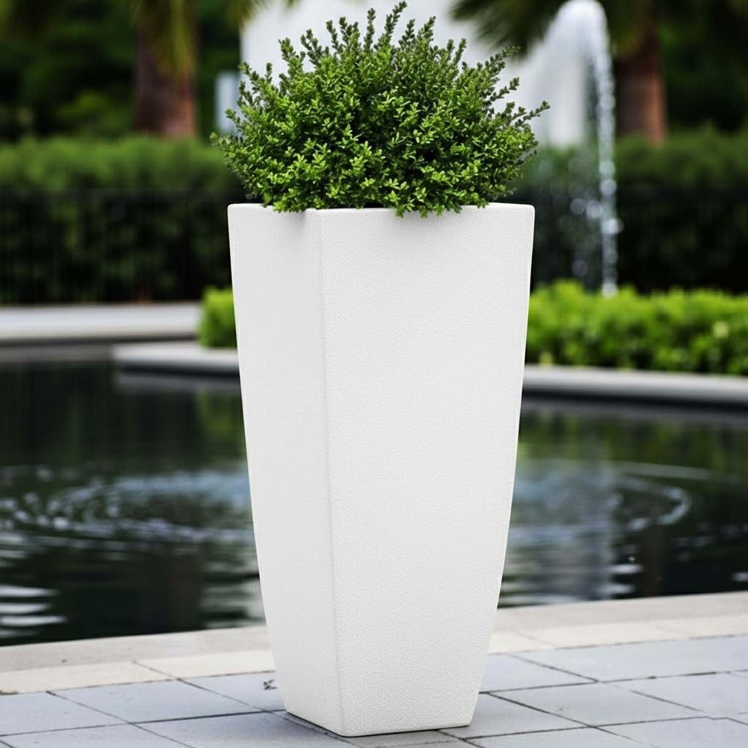 GoHooked 26 inch white polymer planter pot with a textured finish, featuring a drainage hole and lightweight design.