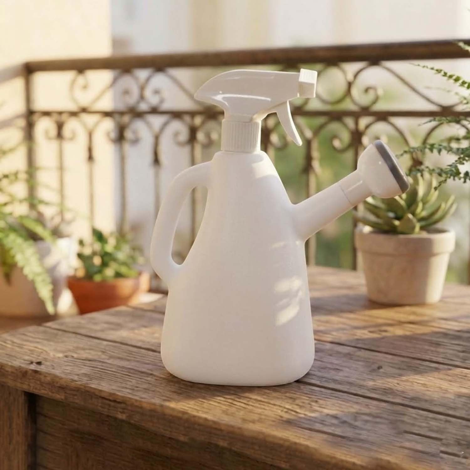 GoHooked white 2-in-1 plastic watering can with spray bottle and shower head, 1 litre capacity.
