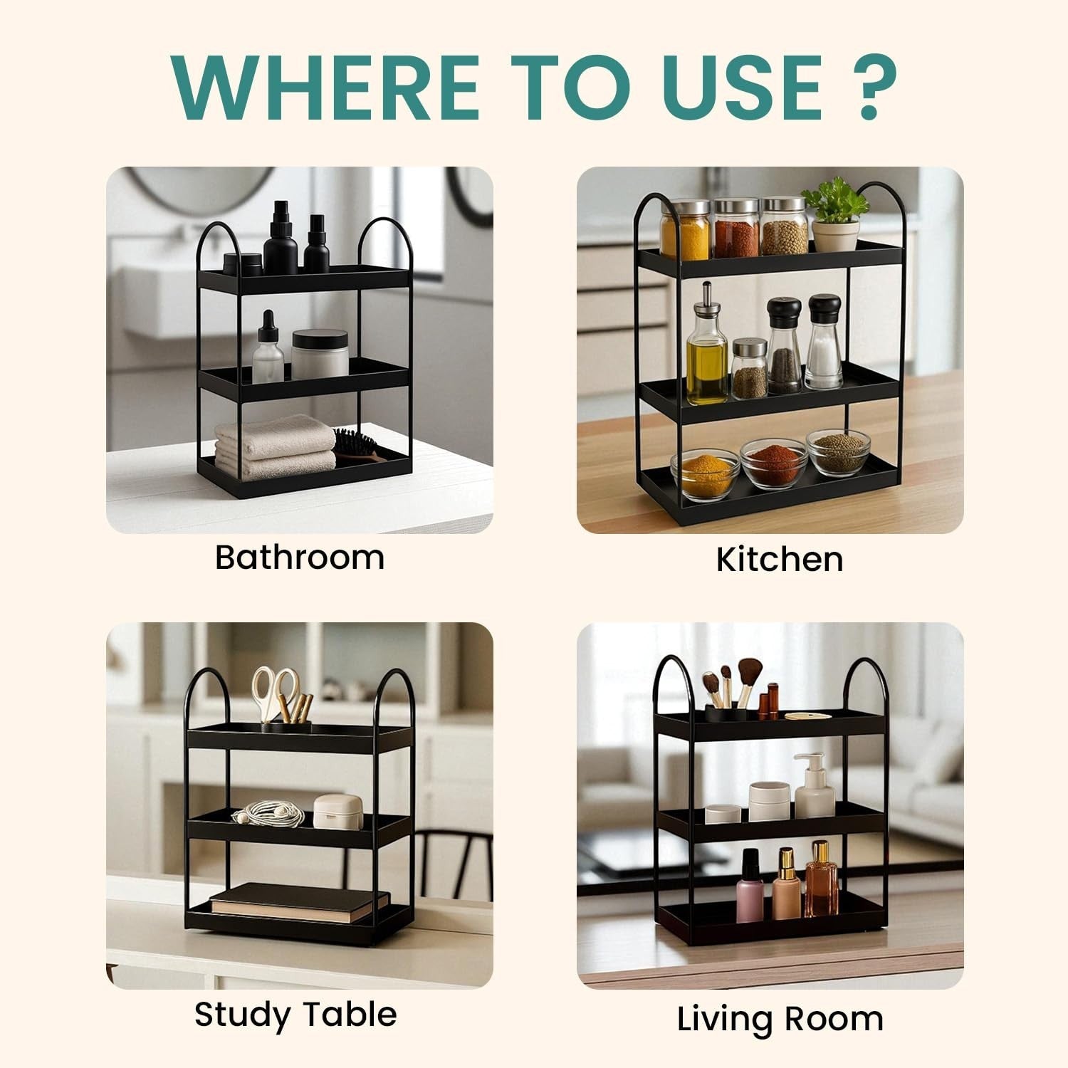 GoHooked 3-tier black metal vanity organizer with curved handles, ideal for bathroom, kitchen, or desk storage.