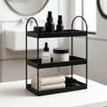 GoHooked black 3-tier curved metal vanity organizer with bottles, jars, towels, and brush