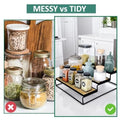 GoHooked black 3-tier iron countertop organizer rack with wood-look shelves holding spice jars and bottles.
