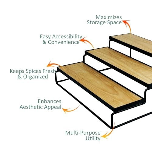GoHooked black 3-tier iron countertop storage rack with wood-look shelves. Organizer for spices, toiletries, and home essentials.
