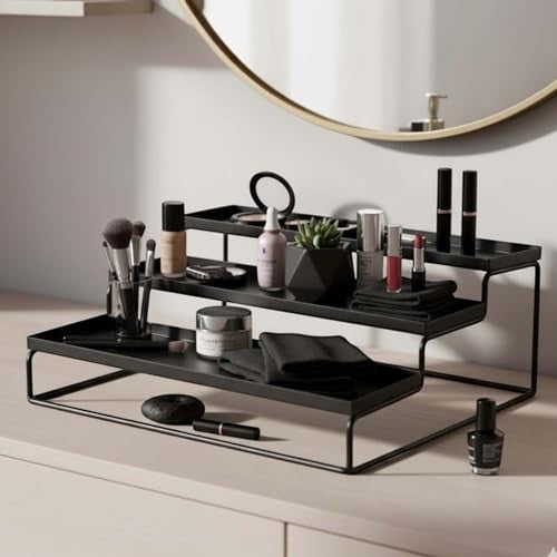 GoHooked black 3-tier metal countertop organizer shelf holding makeup and skincare products. Ideal for bathroom or vanity.