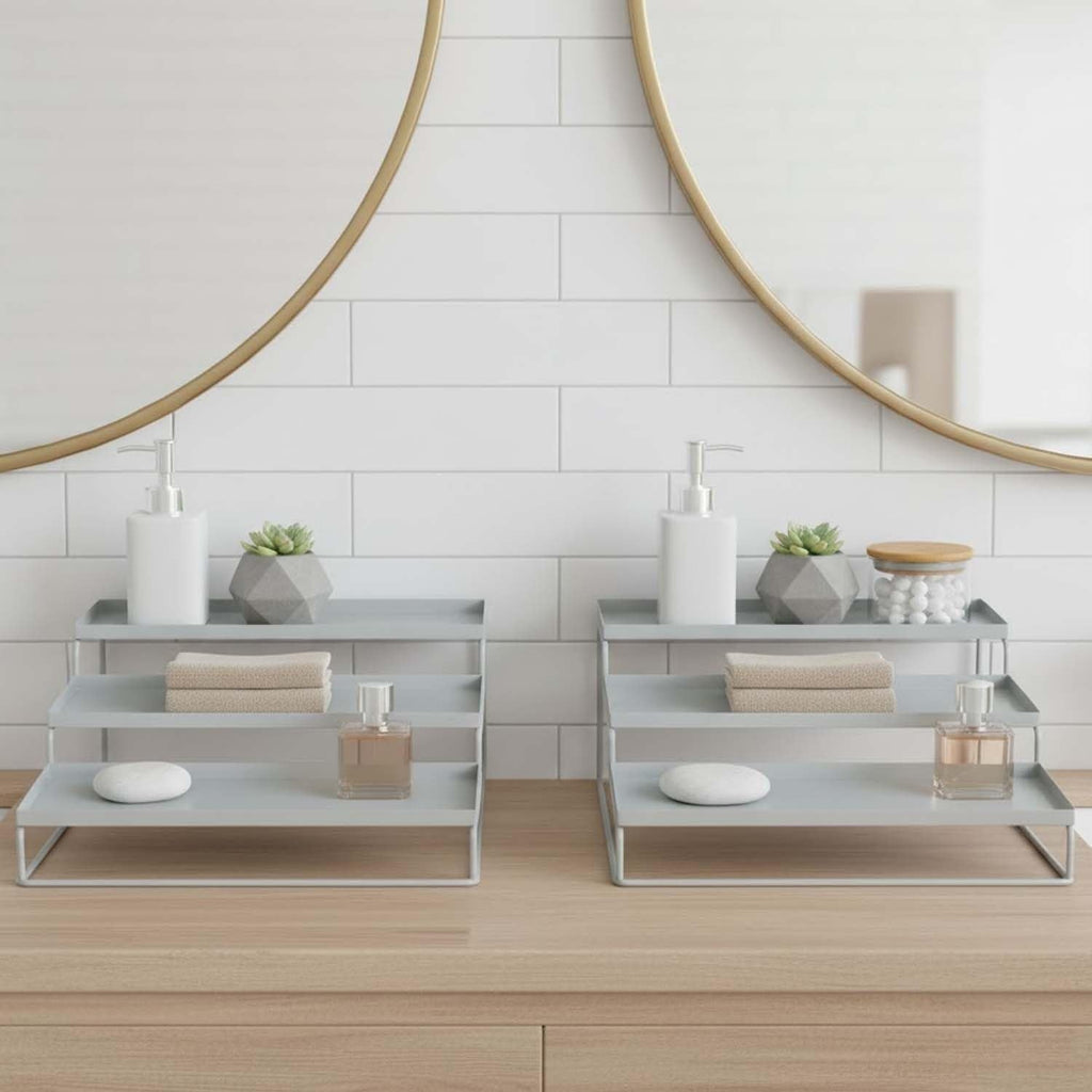 GoHooked 3-tier metal spice rack organizer in light gray, perfect for kitchen cabinets, pantries, or bathrooms.