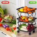 GoHooked black 3-tier foldable metal rolling storage basket with wheels, filled with fruits and vegetables.