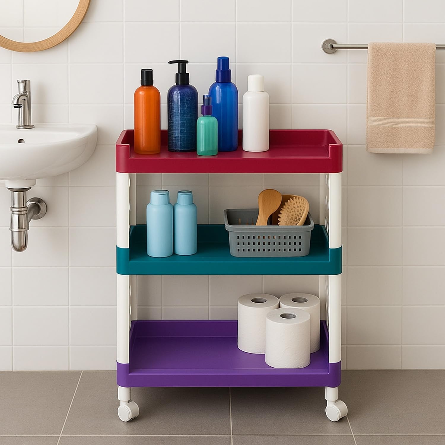 GoHooked 3-tier rolling storage cart with red, teal, and purple shelves holding toiletries and toilet paper.