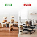 GoHooked 3-tier black metal spice rack organizer holding jars of spices and cookies on a kitchen counter.