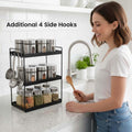 GoHooked black 3-tier standing iron spice rack organizer with side hooks, holding spice jars and kitchen utensils.