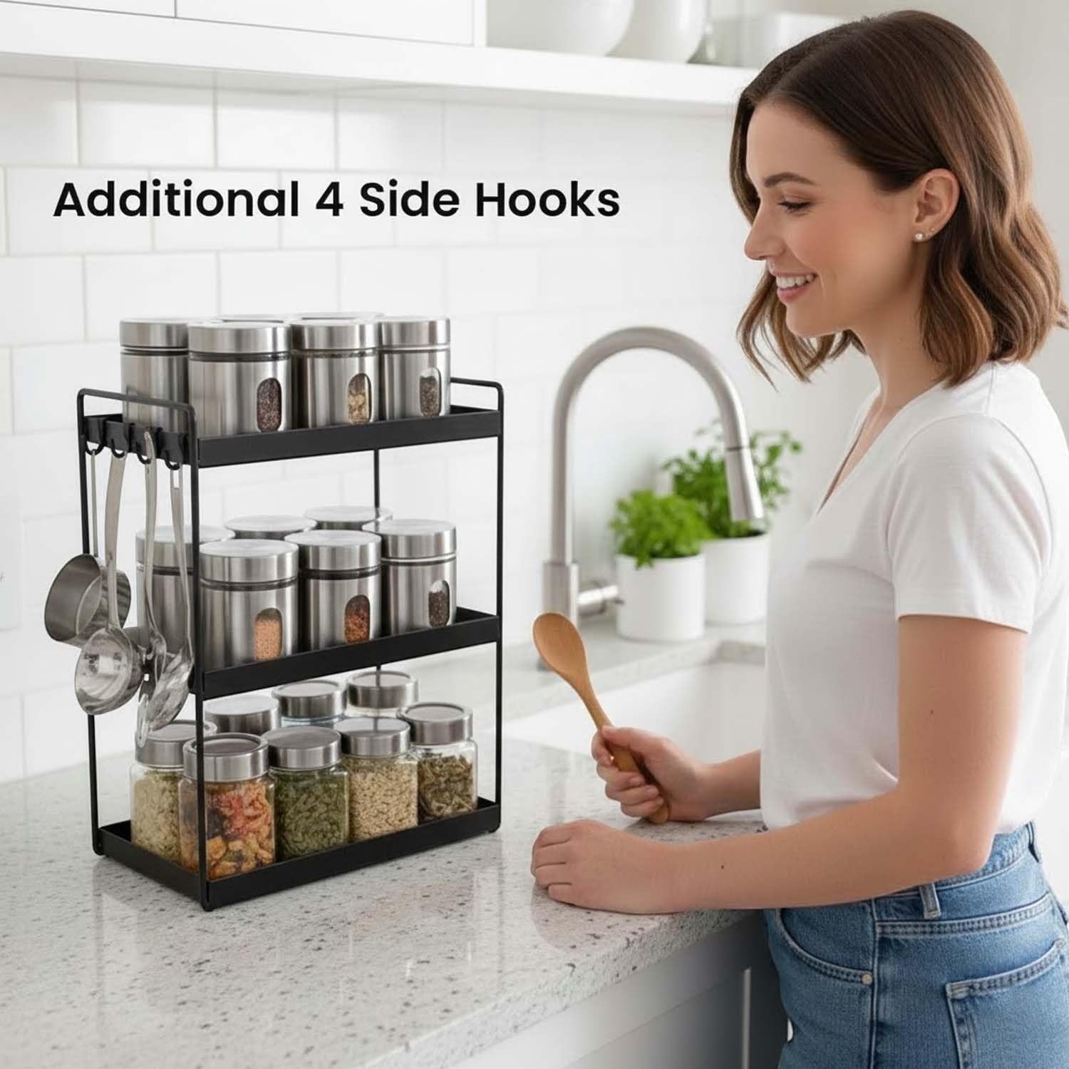 GoHooked black 3-tier standing iron spice rack organizer with side hooks, holding spice jars and kitchen utensils.