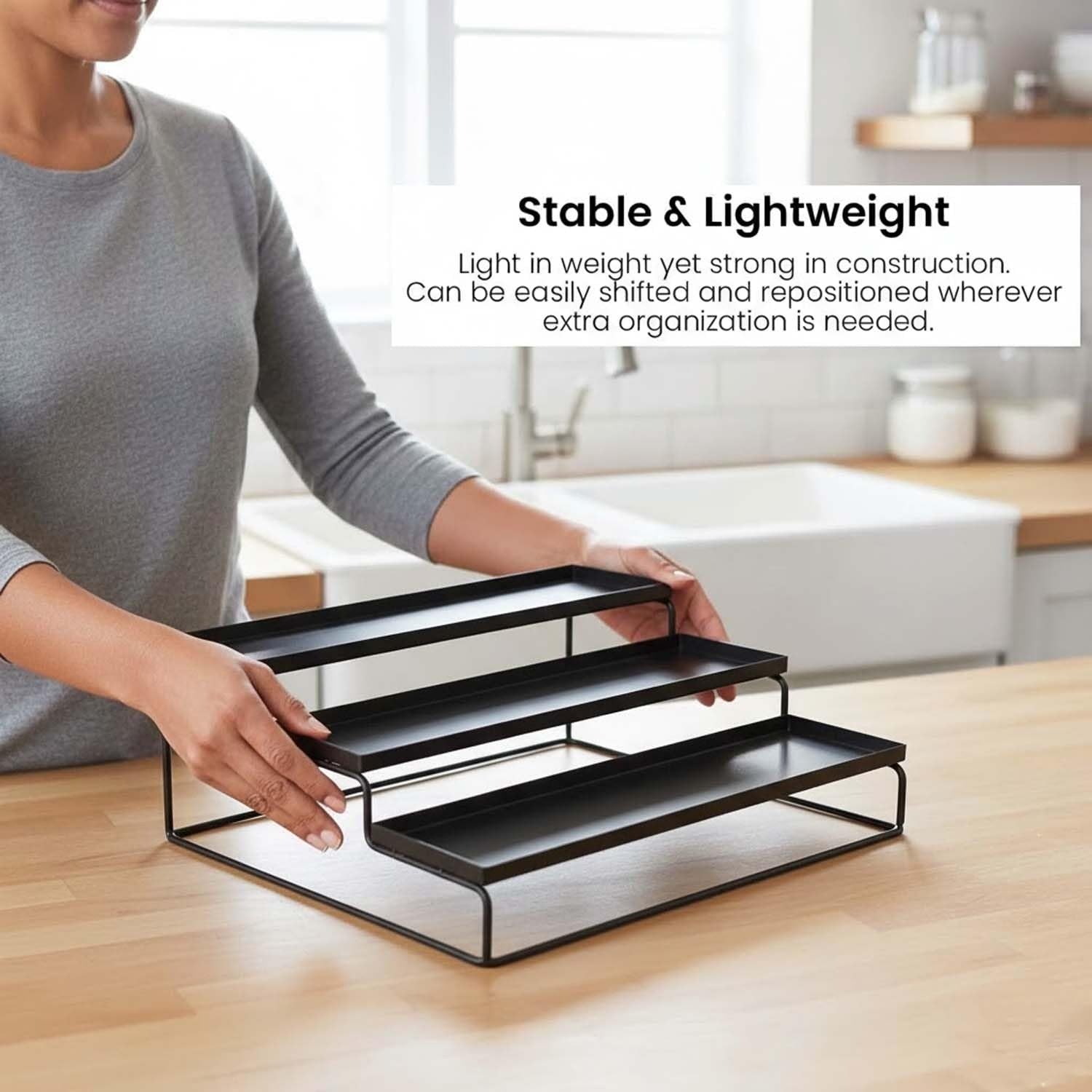 GoHooked black 3-tier metal spice rack organizer for countertops and cabinets. Powder coated iron.