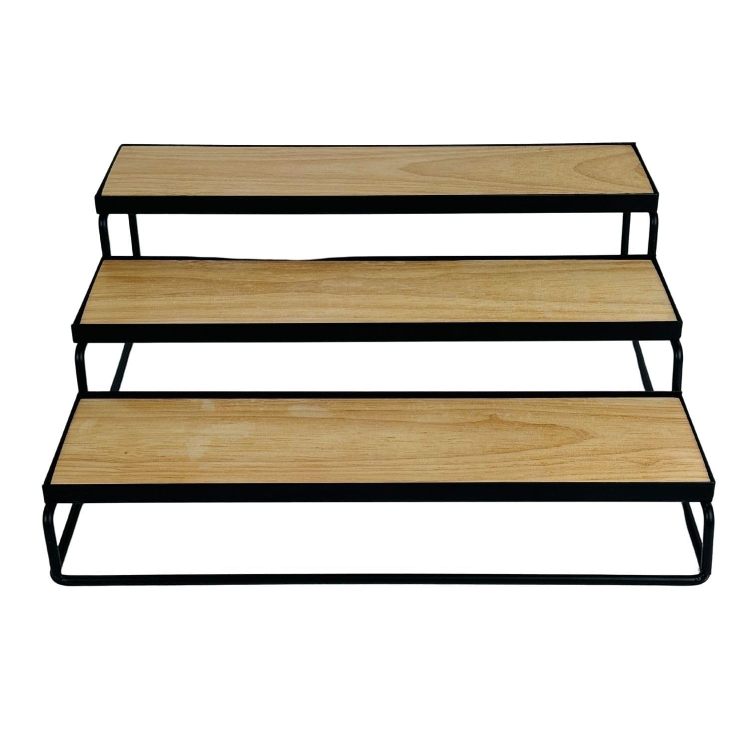 GoHooked 3-tier white metal spice rack organizer with wood-look shelves. Ideal for kitchen cabinets, pantries, and bathrooms.