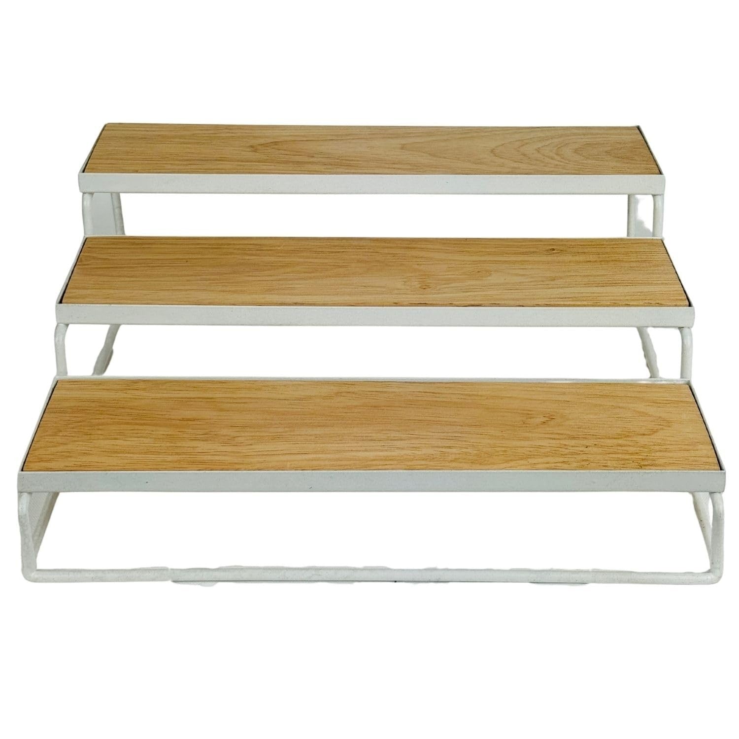 GoHooked 3-tier white metal spice rack organizer with wood-look shelves. Ideal for kitchen counters, cabinets, or pantries.