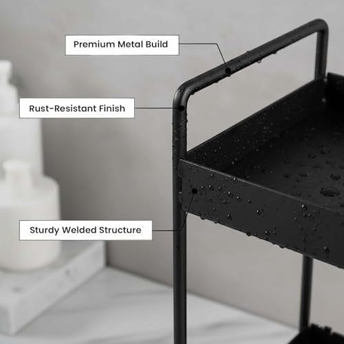 GoHooked black 3-tier standing iron rack with rust-resistant finish and sturdy welded structure. Ideal for kitchen or bathroom storage.