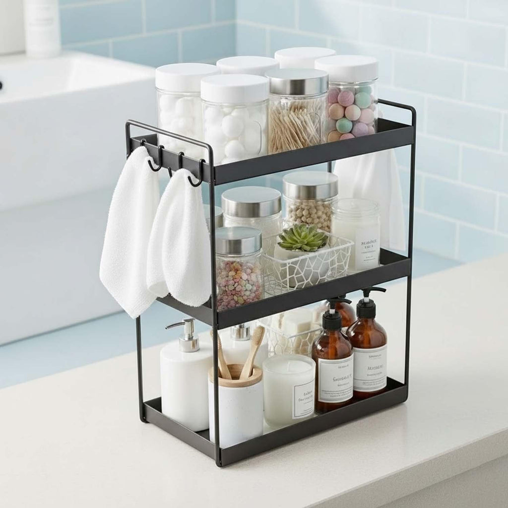 GoHooked black 3-tier standing rack organizer with hooks, holding bathroom essentials like soap, towels, and jars.