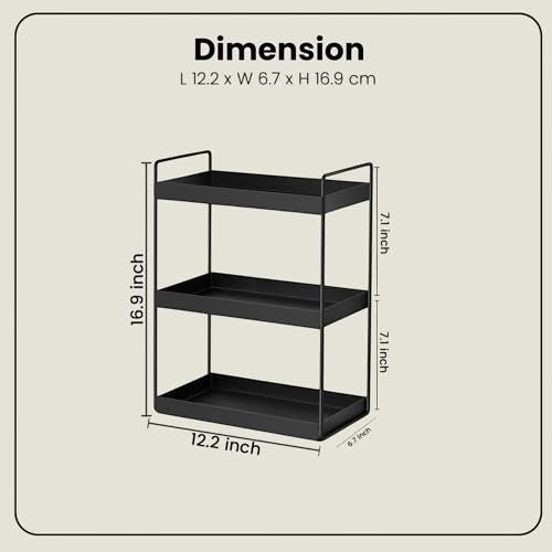 GoHooked black 3-tier standing iron rack organizer, 16.9" H x 12.2" W, for kitchen or bathroom countertop storage.
