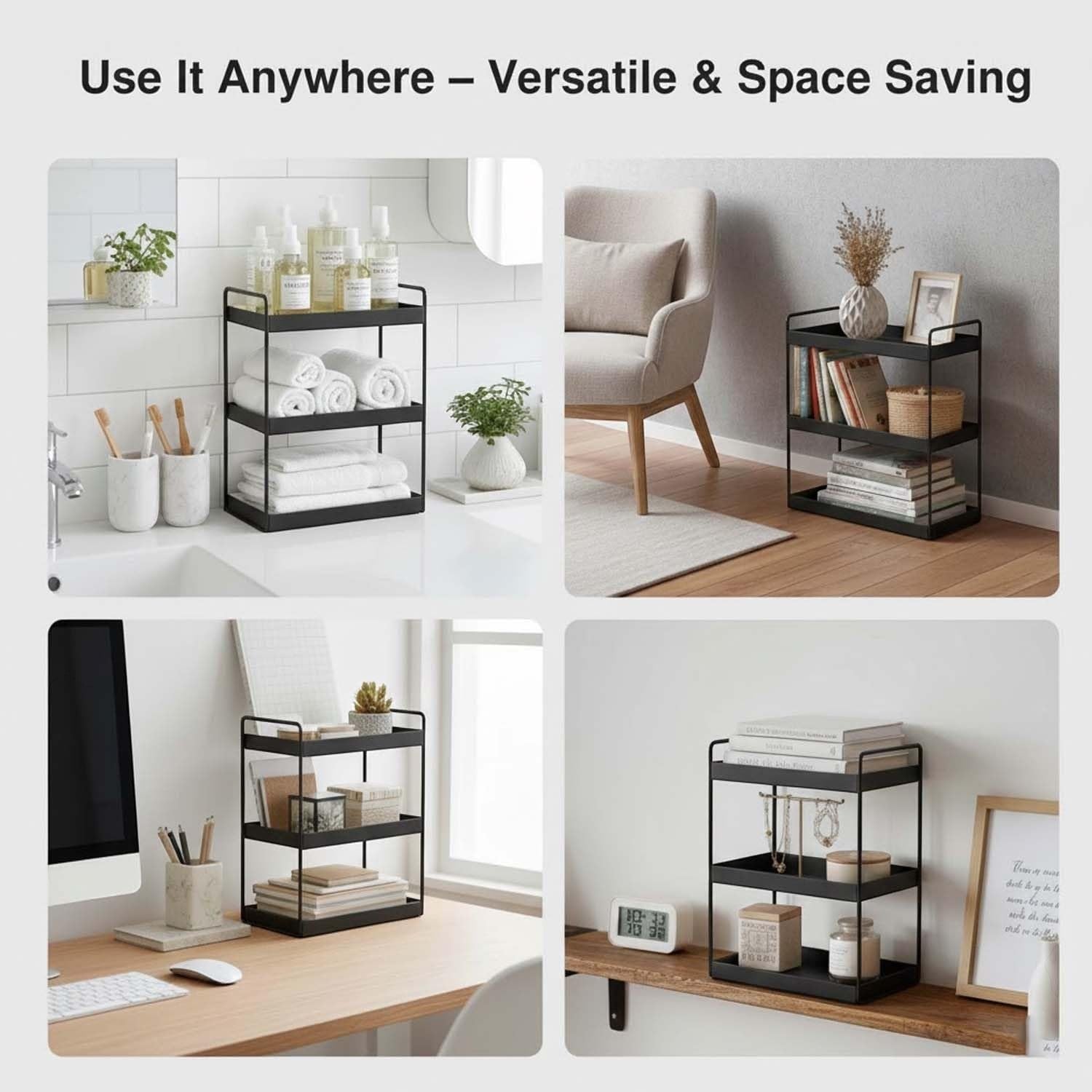 GoHooked black 3-tier standing iron rack organizer for kitchen, bathroom, or office storage. Space-saving shelf.