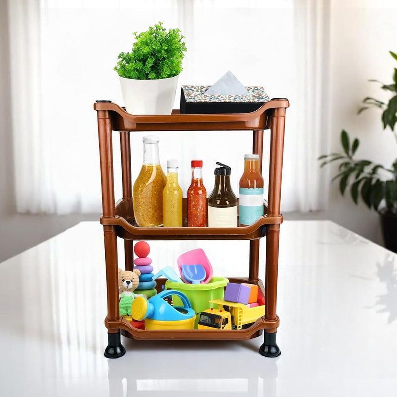 GoHooked 3-tier brown plastic storage rack organizer with bottles, tissues, plant, and toys.