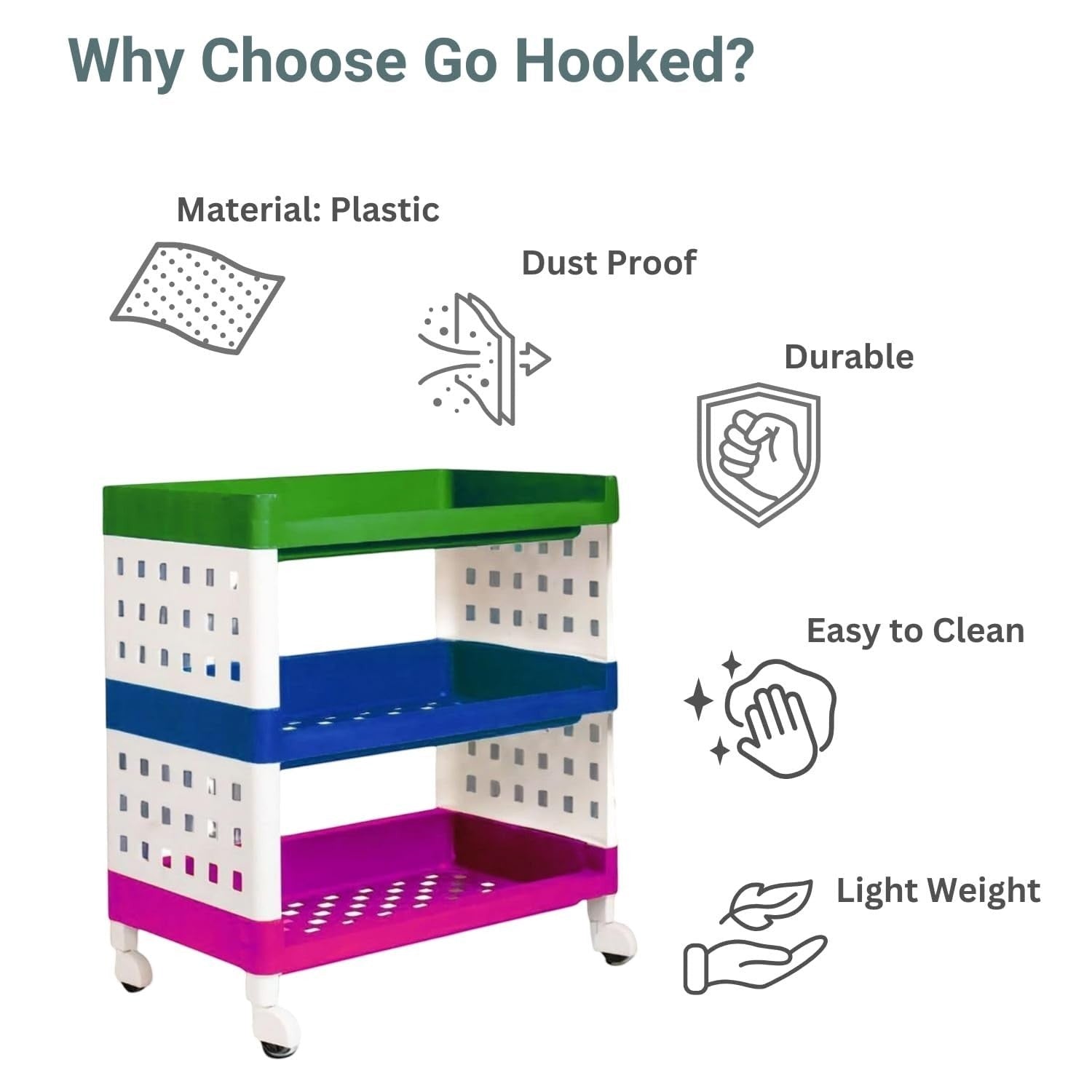 GoHooked 3-tier multipurpose storage rack with wheels, made of plastic. Features green, blue, and magenta shelves with white sides.