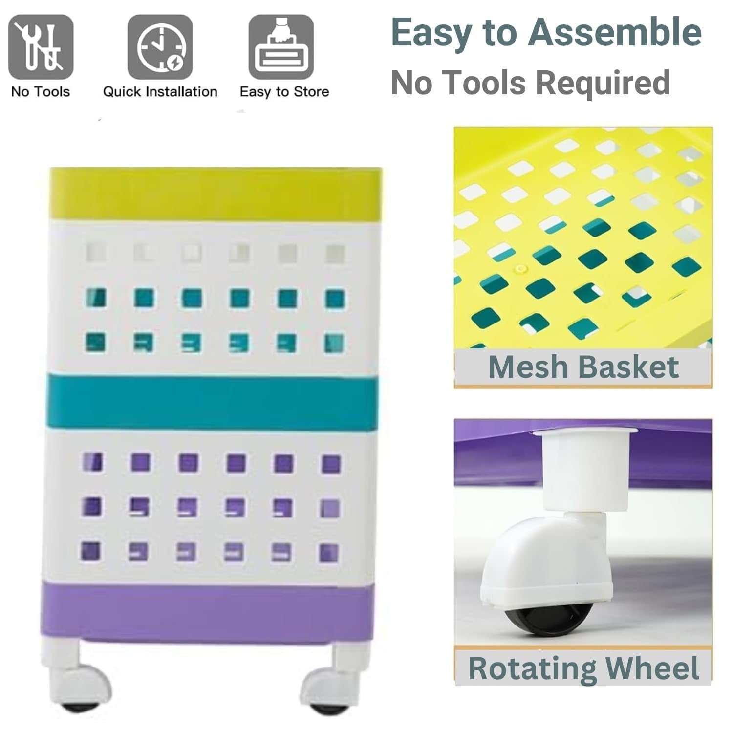 GoHooked 3-tier multipurpose storage rack with wheels, featuring white mesh baskets and colorful bands of yellow, teal, and purple.