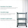 GoHooked 3-tier silver plastic storage rack with open shelves for bathroom, kitchen, or office organization.