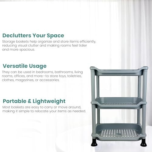 GoHooked 3-tier silver plastic storage rack with open shelves for bathroom, kitchen, or office organization.