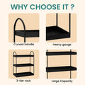 GoHooked black 3-tier curved metal vanity organizer with handles, made of powder-coated iron. Features heavy gauge construction and large capacity.