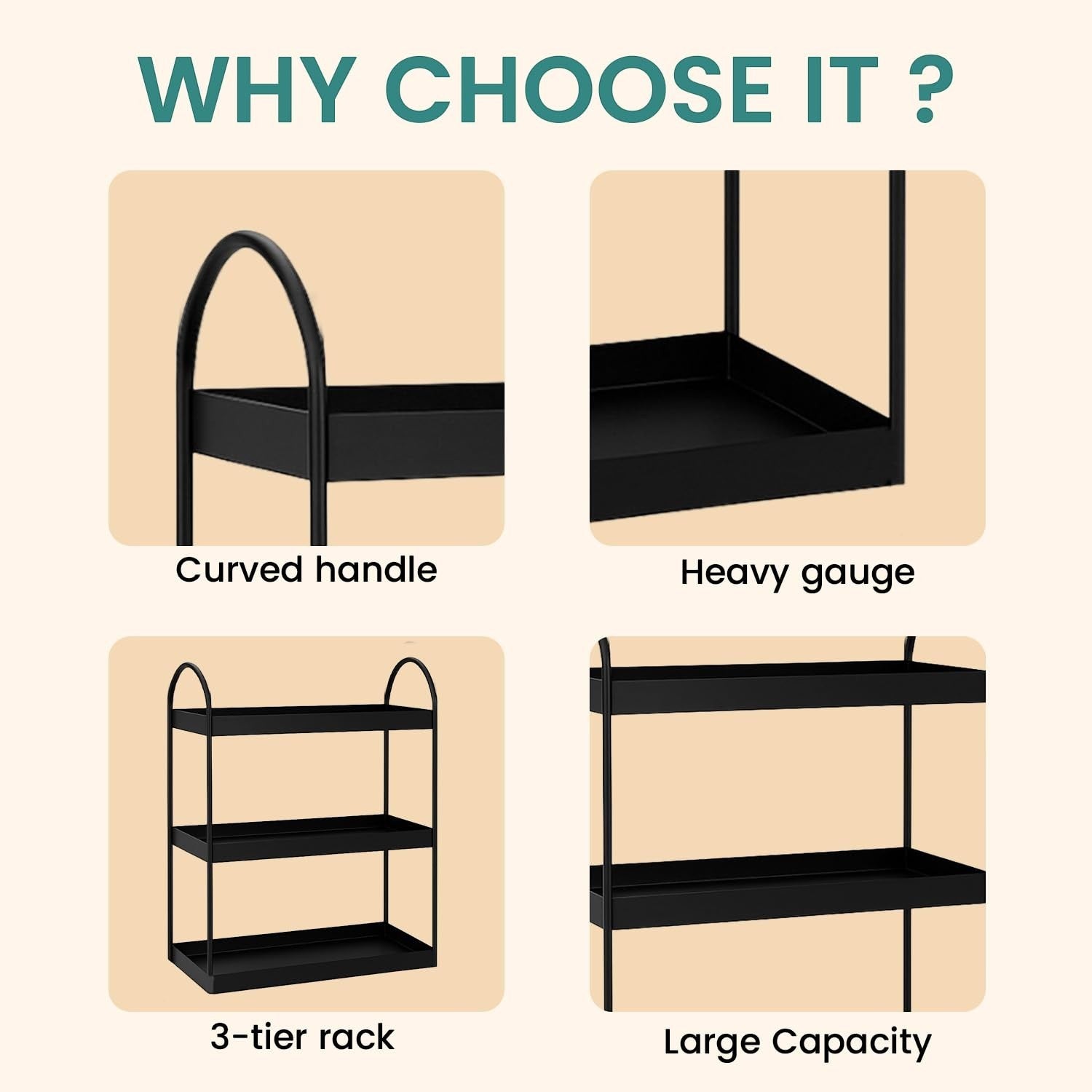 GoHooked black 3-tier curved metal vanity organizer with handles, made of powder-coated iron. Features heavy gauge construction and large capacity.