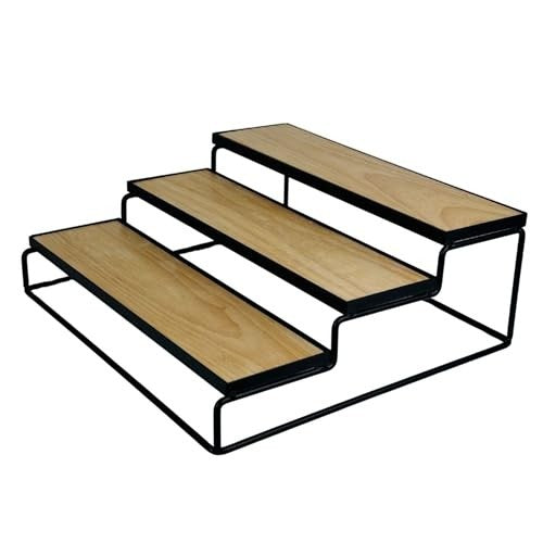 GoHooked black metal 3-tier step shelf organizer with wood-look shelves for spices, cosmetics, or bathroom essentials.