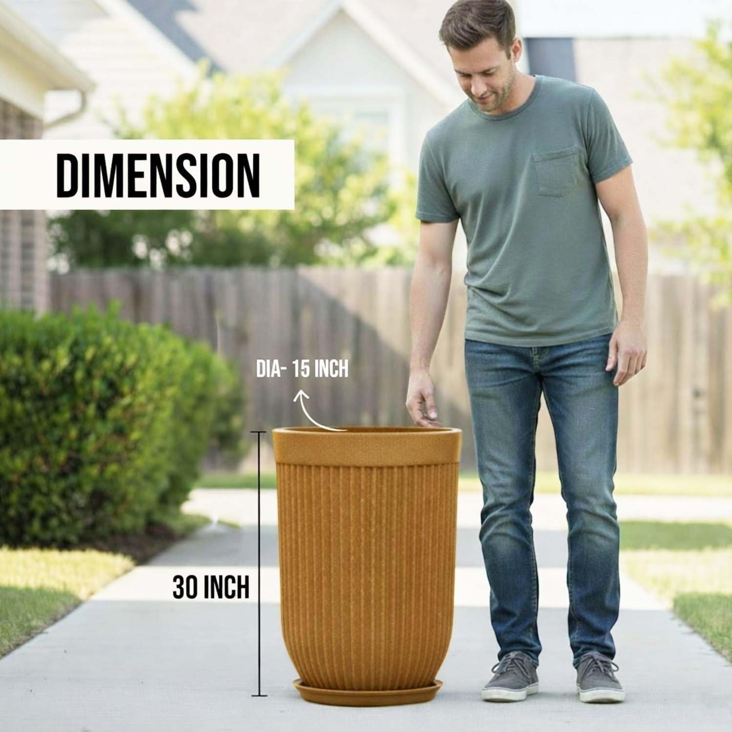 GoHooked 30-inch tall brown ribbed polymer planter with saucer, shown next to a man for scale.