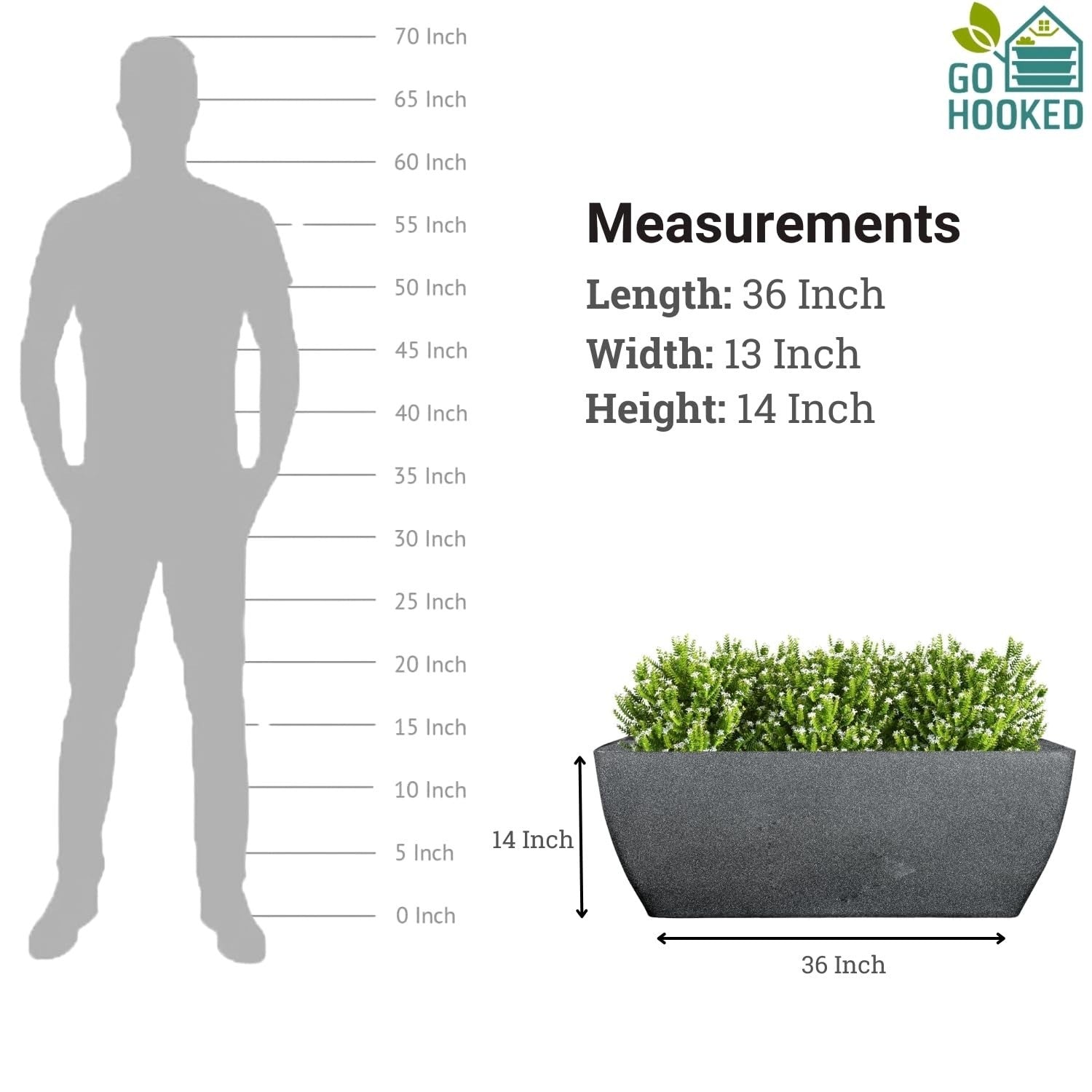 Go Hooked 36-inch black heavy-duty UV-resistant polymer rectangular planter pot with drainage hole.