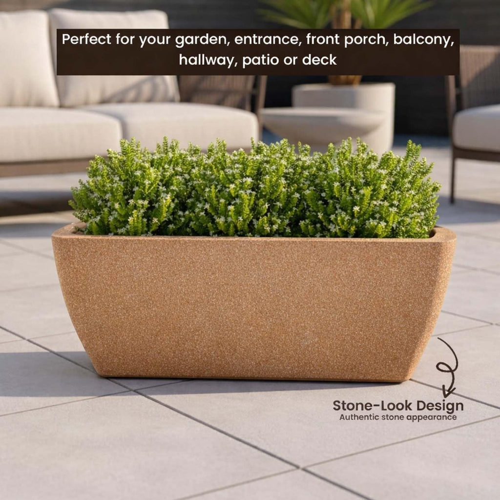 GoHooked 36-inch brown rectangular polymer planter with a stone-look finish, featuring a drainage hole and UV resistance.