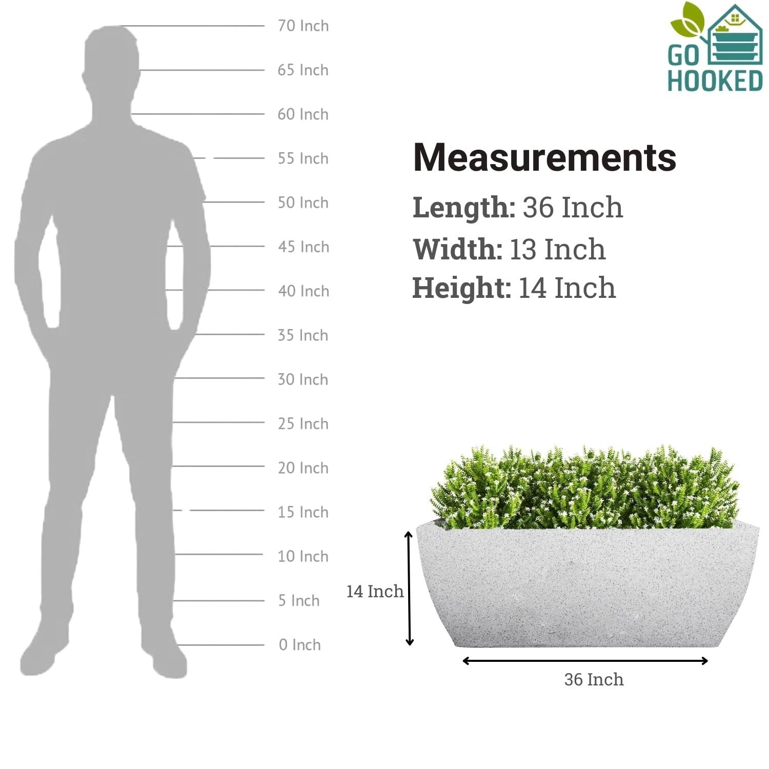 GoHooked 36-inch white rectangular planter pot made of heavy-duty UV-resistant polymer with drainage hole. Ideal for indoor/outdoor plants.