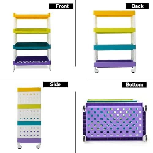 GoHooked multicolor 4-tier rolling storage rack with yellow, green, teal, and purple shelves. Ideal for kitchen or small spaces.