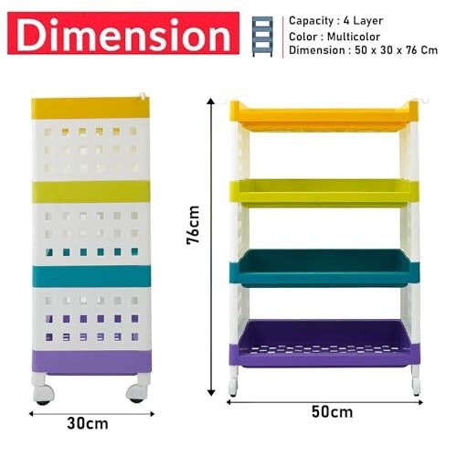 GoHooked multicolor 4-tier rolling storage rack with yellow, lime green, teal, and purple shelves. Ideal for kitchens.