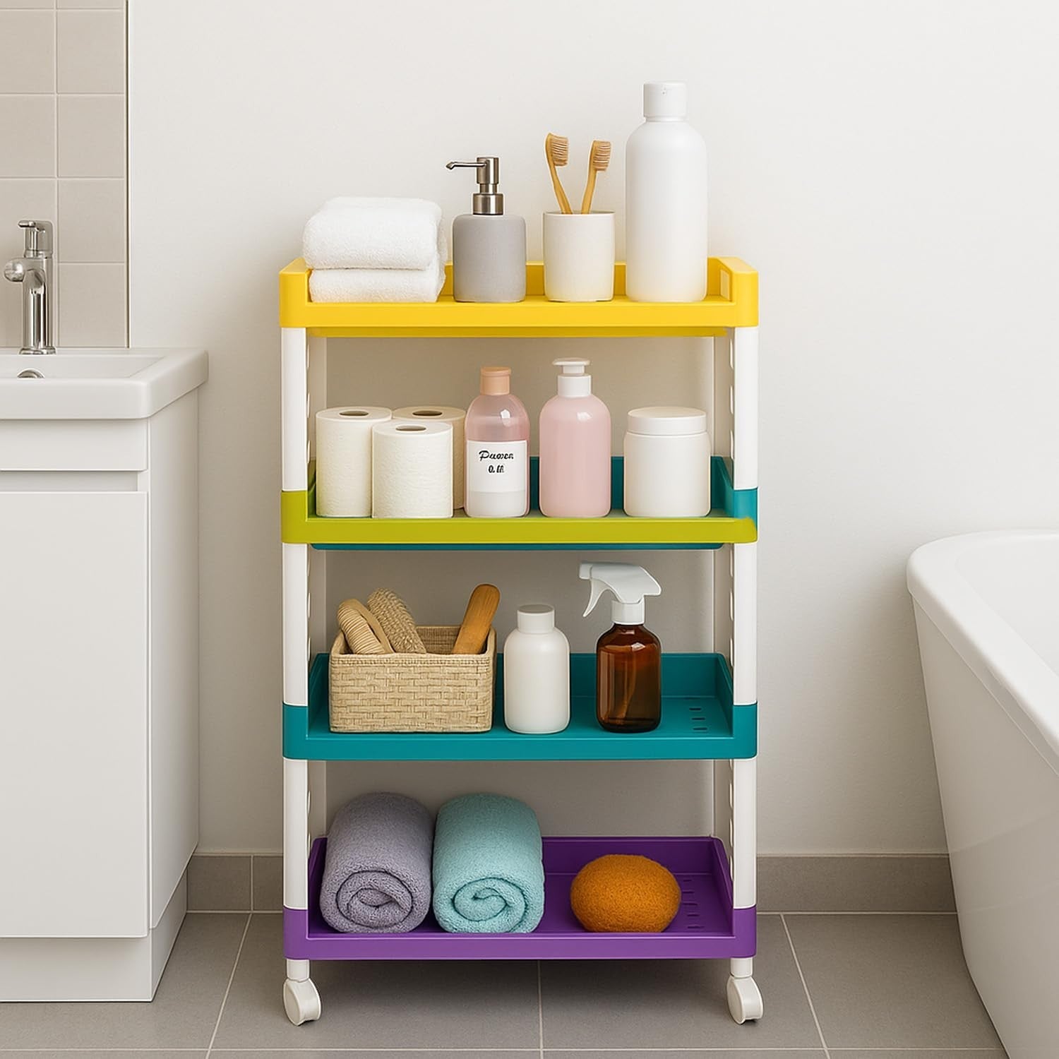 GoHooked colorful 4-tier multipurpose storage rack with wheels, perfect for kitchen or bathroom organization.