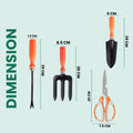 Go Hooked 4-piece metal gardening tool set with orange soft-grip handles: fork, transplanter, weeder, and scissors.