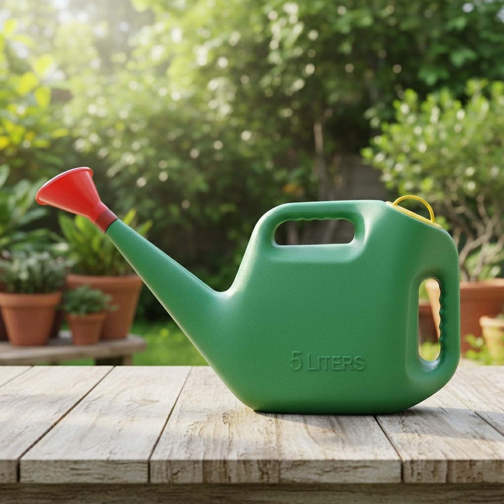 GoHooked 5 liter green plastic garden watering can with red spout and yellow lid, ergonomic handle, for indoor/outdoor use.